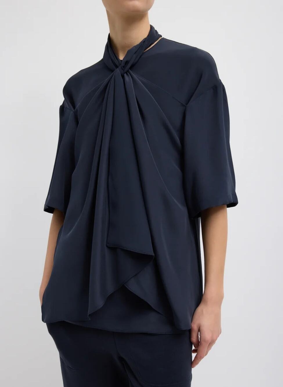 Tibi 4-Ply Silk Short Sleeve Tie Front Blouse Top Navy Blue Women's Size XXS